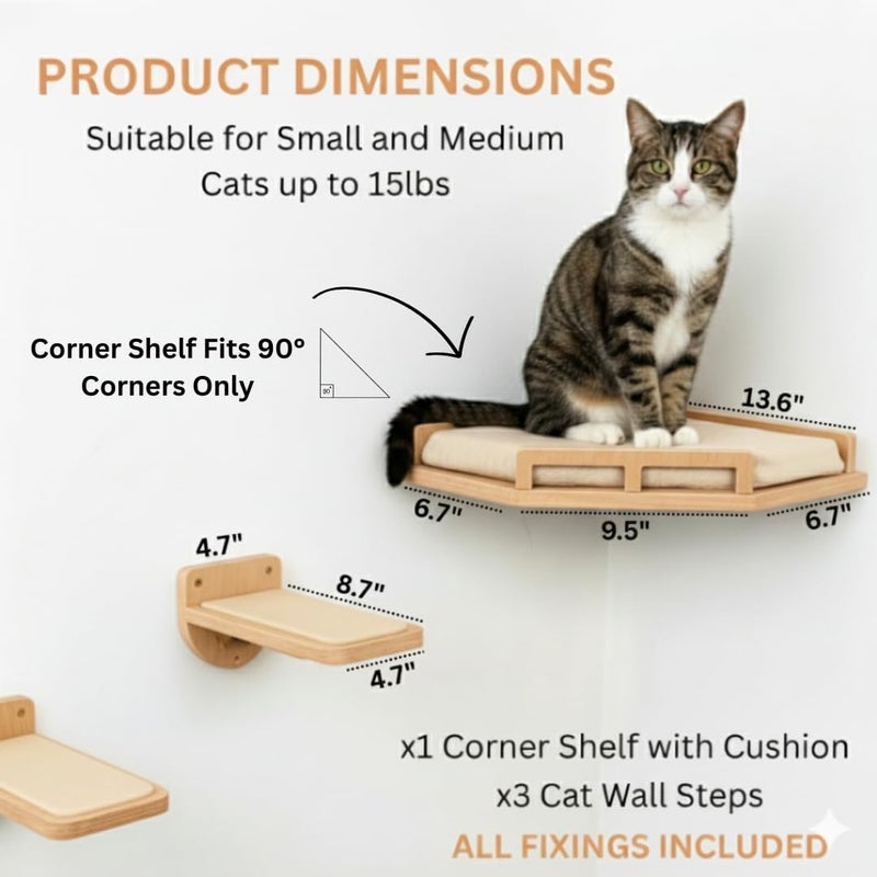 INICIO Cat Wall Shelves - Modern and Durable 3 Step Cat Furniture for Wall - Stylish Birch Floating Shelf for Cats up to 15lbs - Wooden Corner Shelves with Cushioned Perch - Natural Wood - Image 2